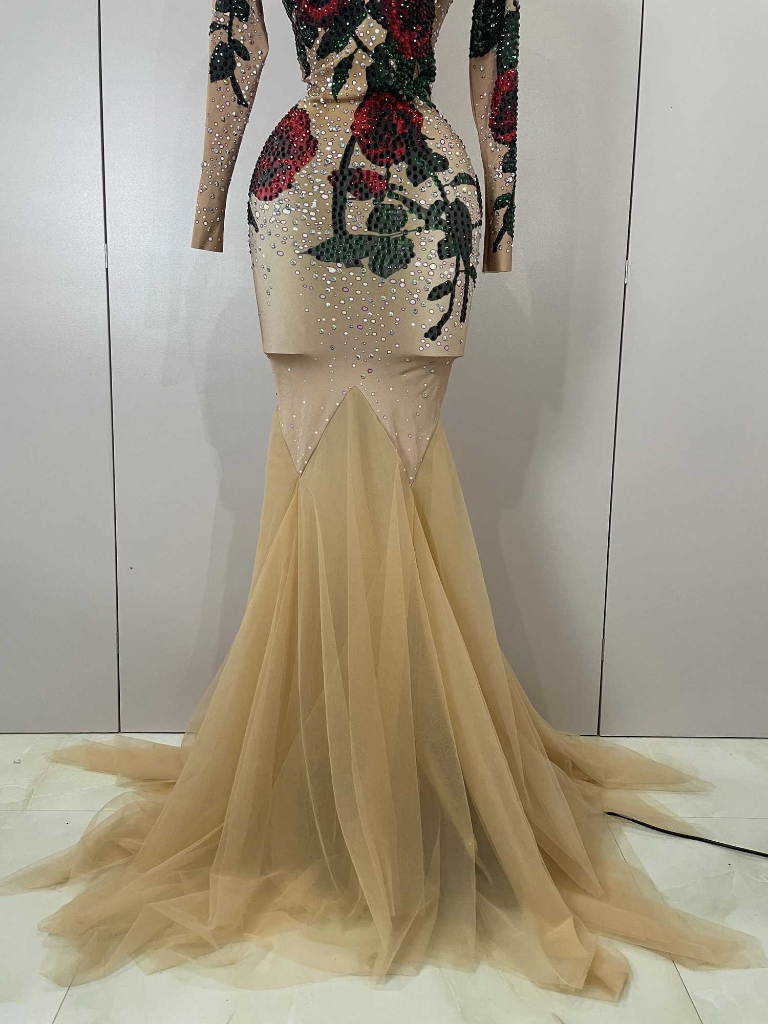 Sexy Shiny Rhinestone Rose Floral Floor-Length Dress Evening Women Eveing Celebrate Birthday Party Nightclub Performance Costume C251225