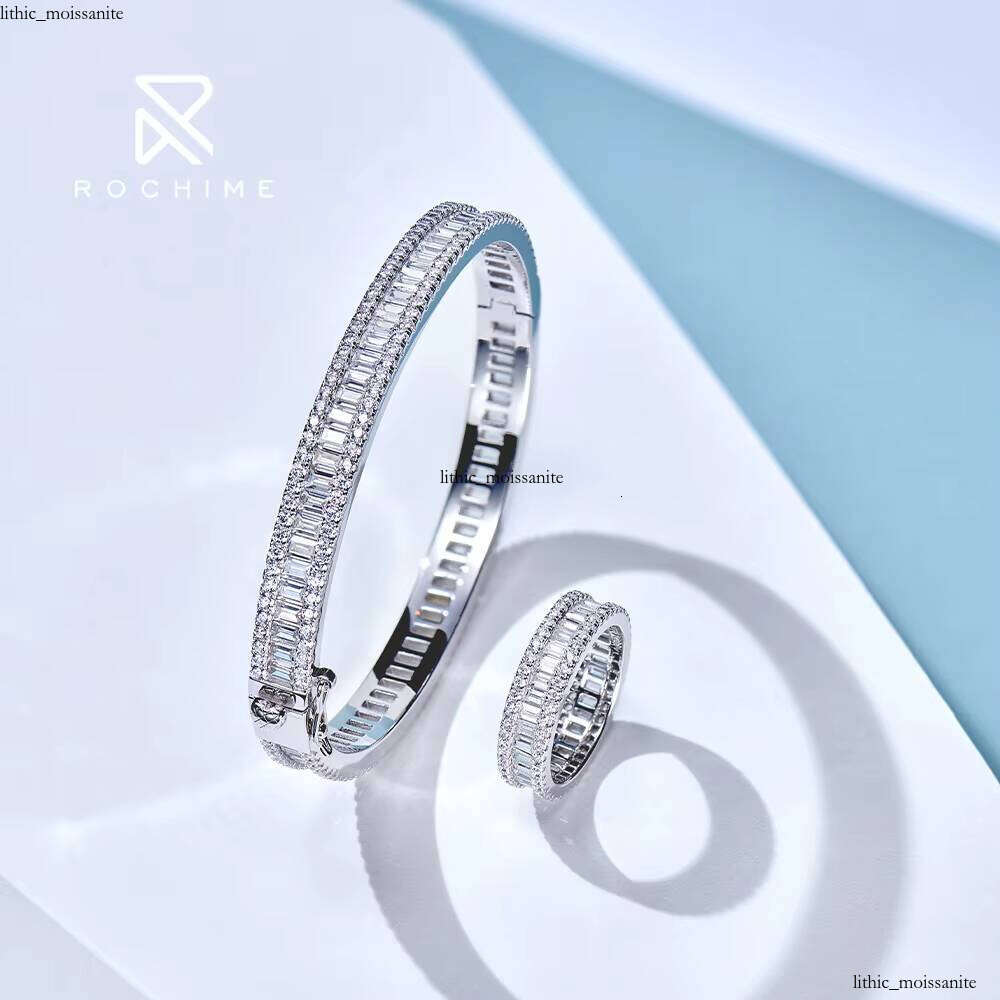 Rochie fashion Full Round Square VVS Moissanite Bangle 925 Sterling Silver Ring Bracelet Set Jewelry