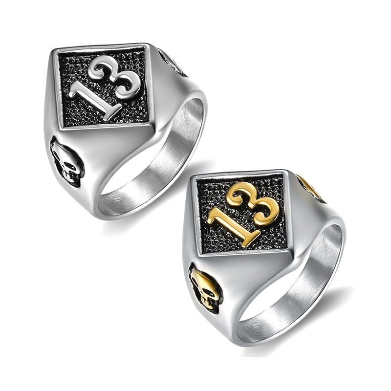 European And free shipping American Classic Motorcycle Series Lucky Number 13 Skull Men's Titanium Steel Vintage Ring