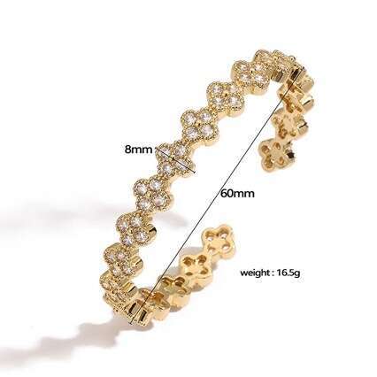 Four-Leaf Flower Bracelet Copper Setting with Colored Diamonds Adjustable Open-Petaled Bracelet