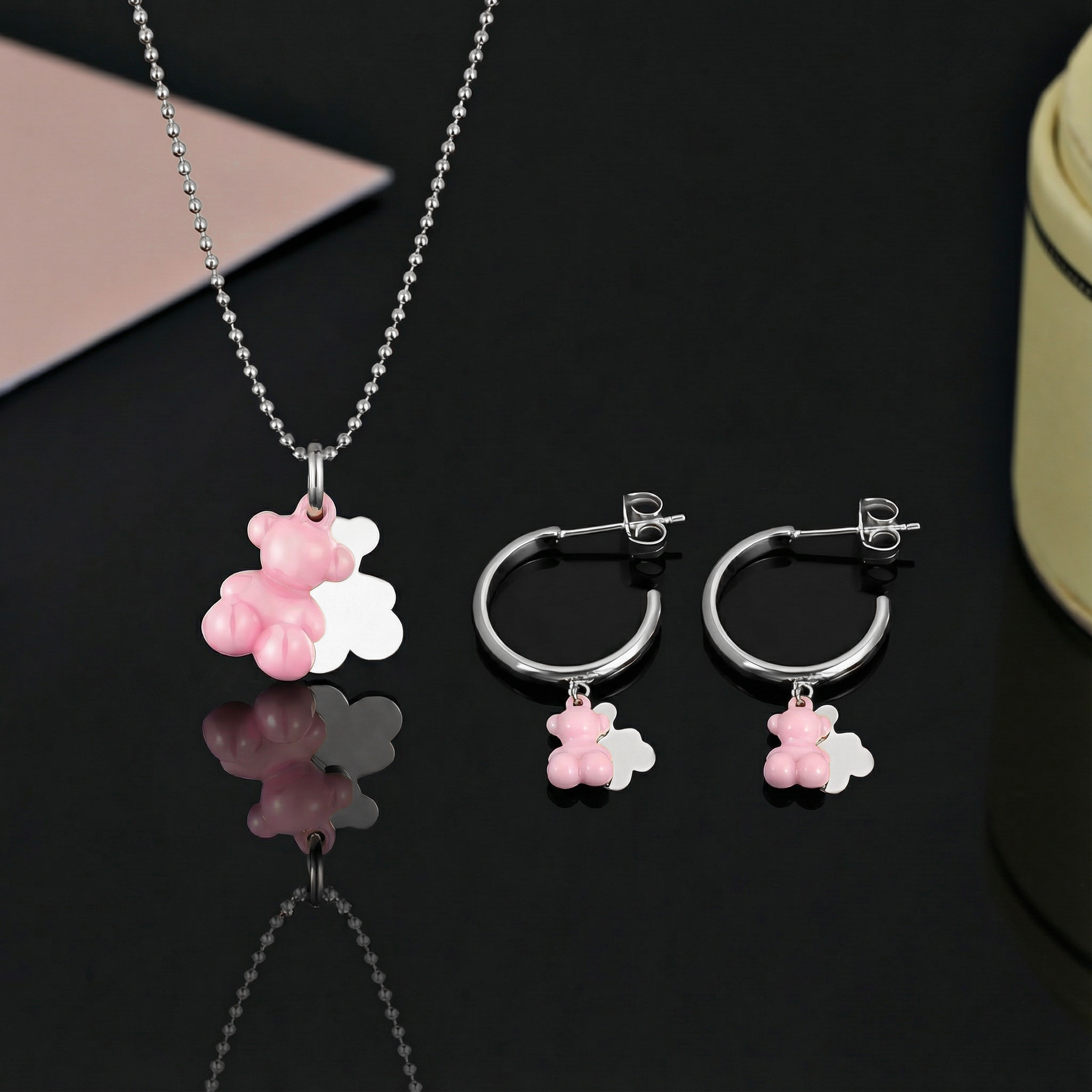 New Arrival Fashion Women Girls Silver Gold Stainless Steel Span Bear Animal Pink Blue White Drop Oil Heart Bead Pendant Earrings Jewelry
