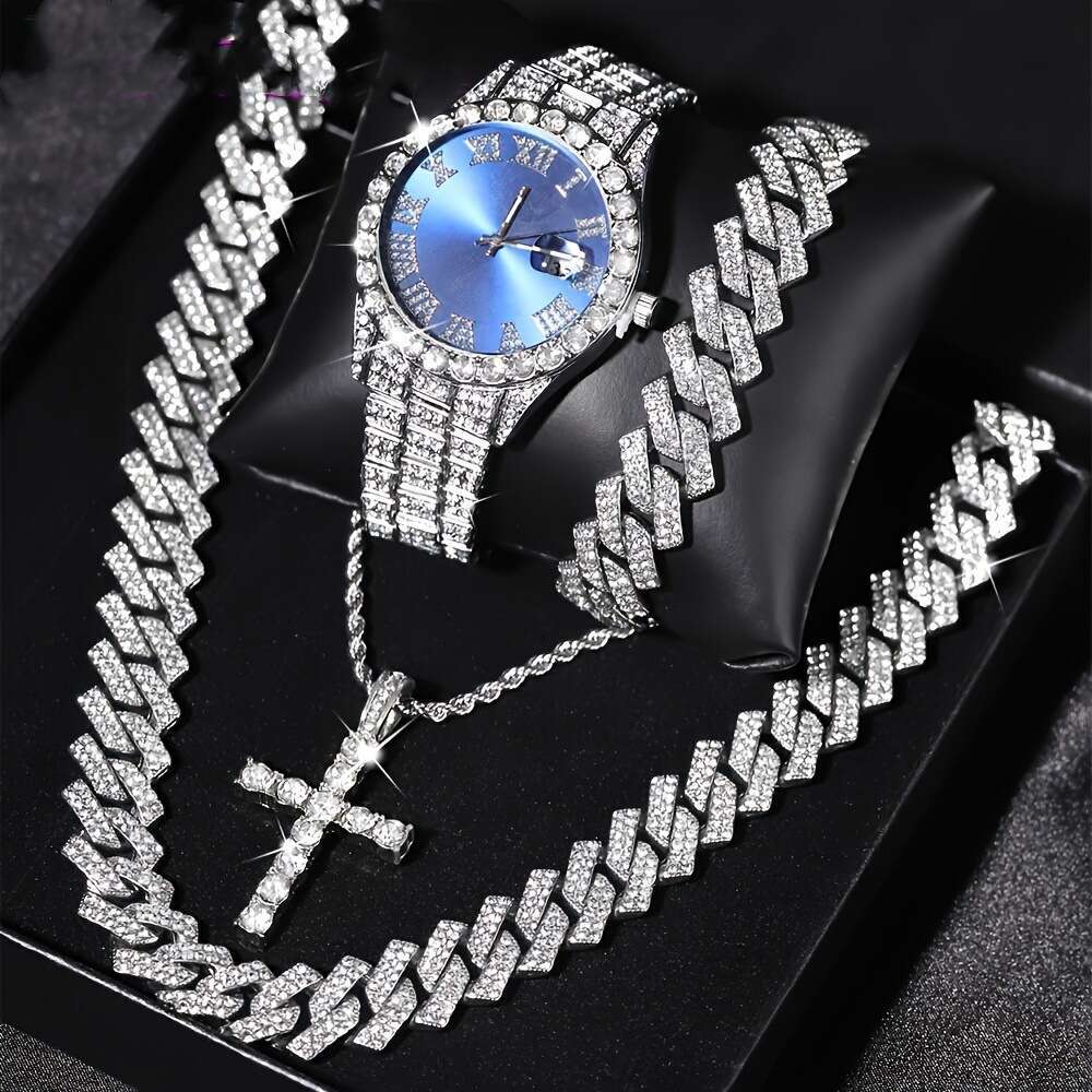 Luxury Steel Bracelet Quartz Watch Diamond-Set Hip-Hop Cuban Link Bracelet Set Watch
