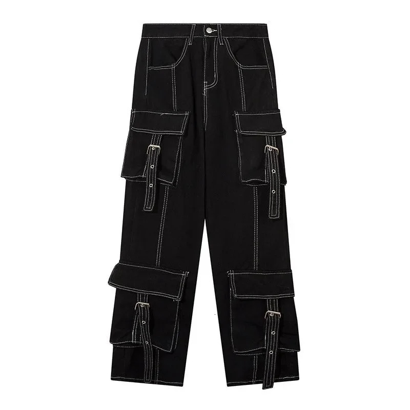 Aesthetic fashion white line black n high waisted jeans women autumn and winter hiphop street casual cargo pants 251225