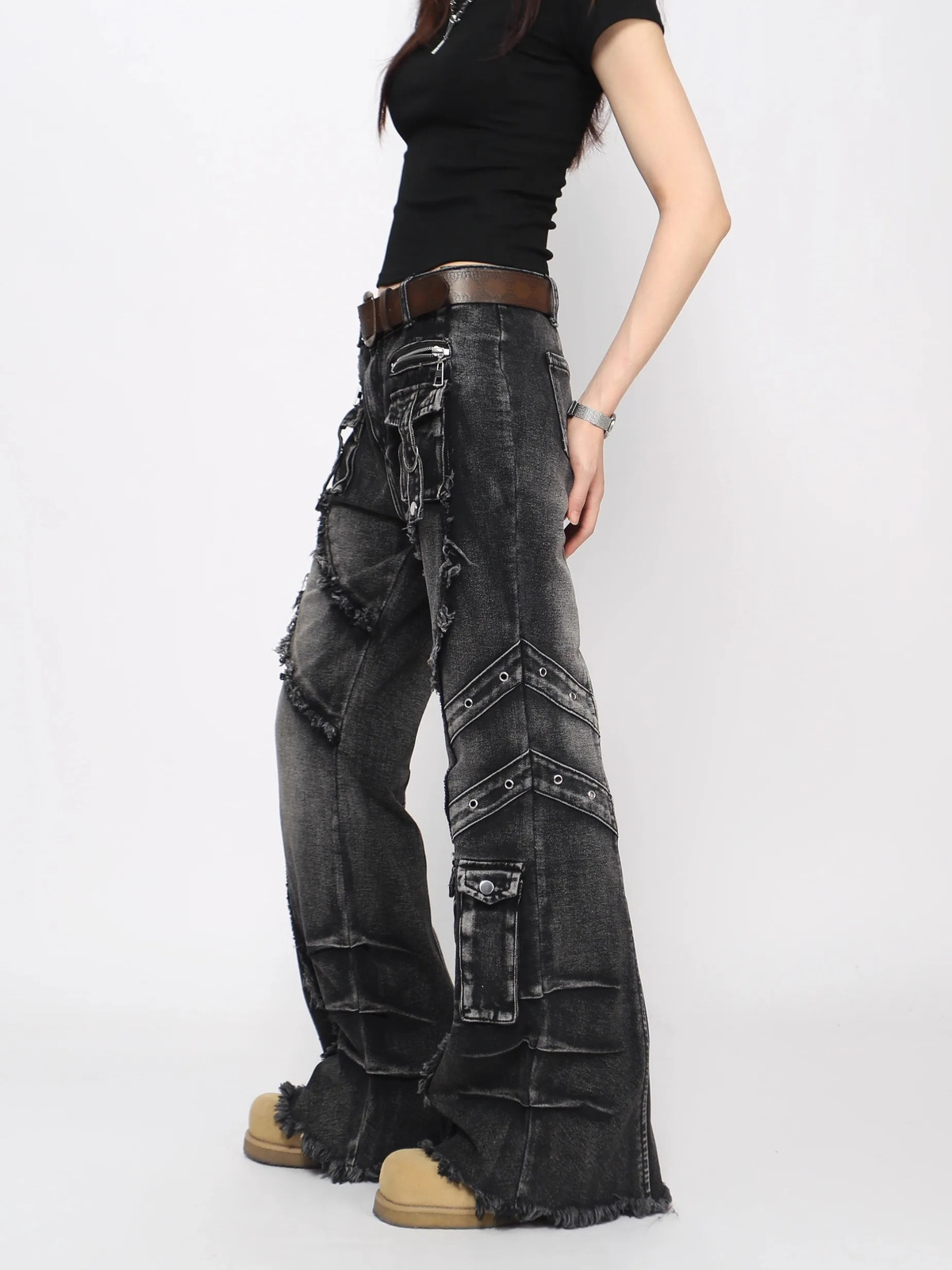 Autumn Winter Womens Denim Pants Dark Academia Cargo Jean Flared Bell Bottom ner Kpop Japanese Y2k 2000s Goblin Core 251225