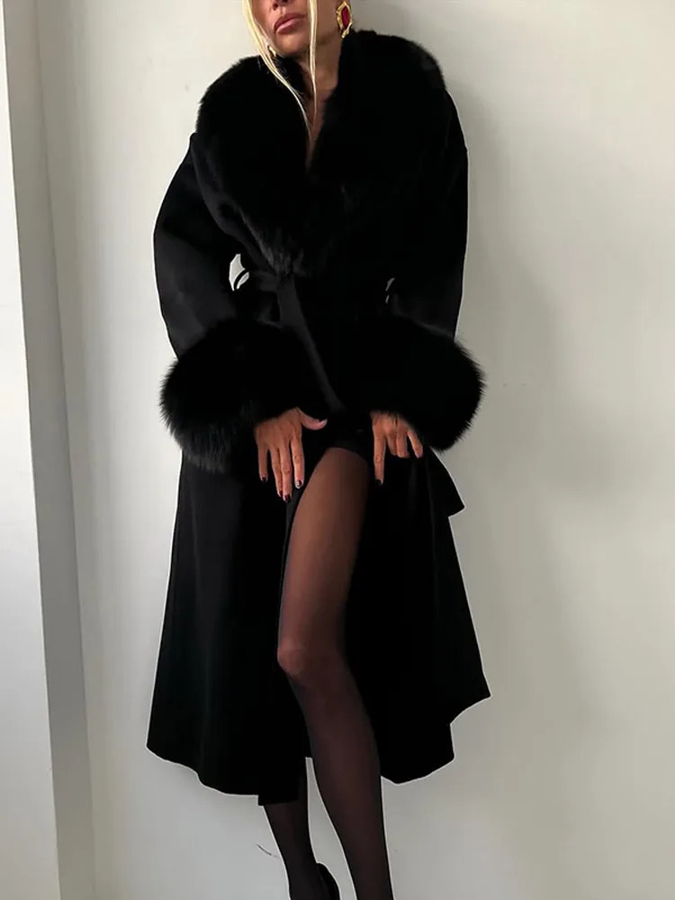 Elegant Fur Patchwork Woolen Coat Women Chic Full Sleeve V-neck Lace Up Loose Long Overcoat 2025 Lady Winter Commute Outwear 251212 - view 6