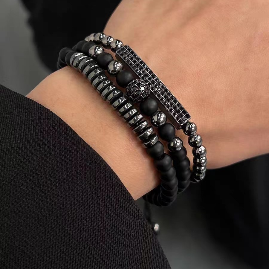 Anil Arjandas Mens Bracelet Set Jewelry 3Pcs/Set 8mm Black CZ Ball 4/5mm Copper Bead Braided Macrame Bracelet Set 240918