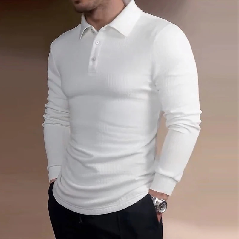 American Retro Mens Jacquard Polo Shirt Business Slim Solid Color T-shirt Leisure Lapel Long Sleeve Pullover Tops S-2XL 251225