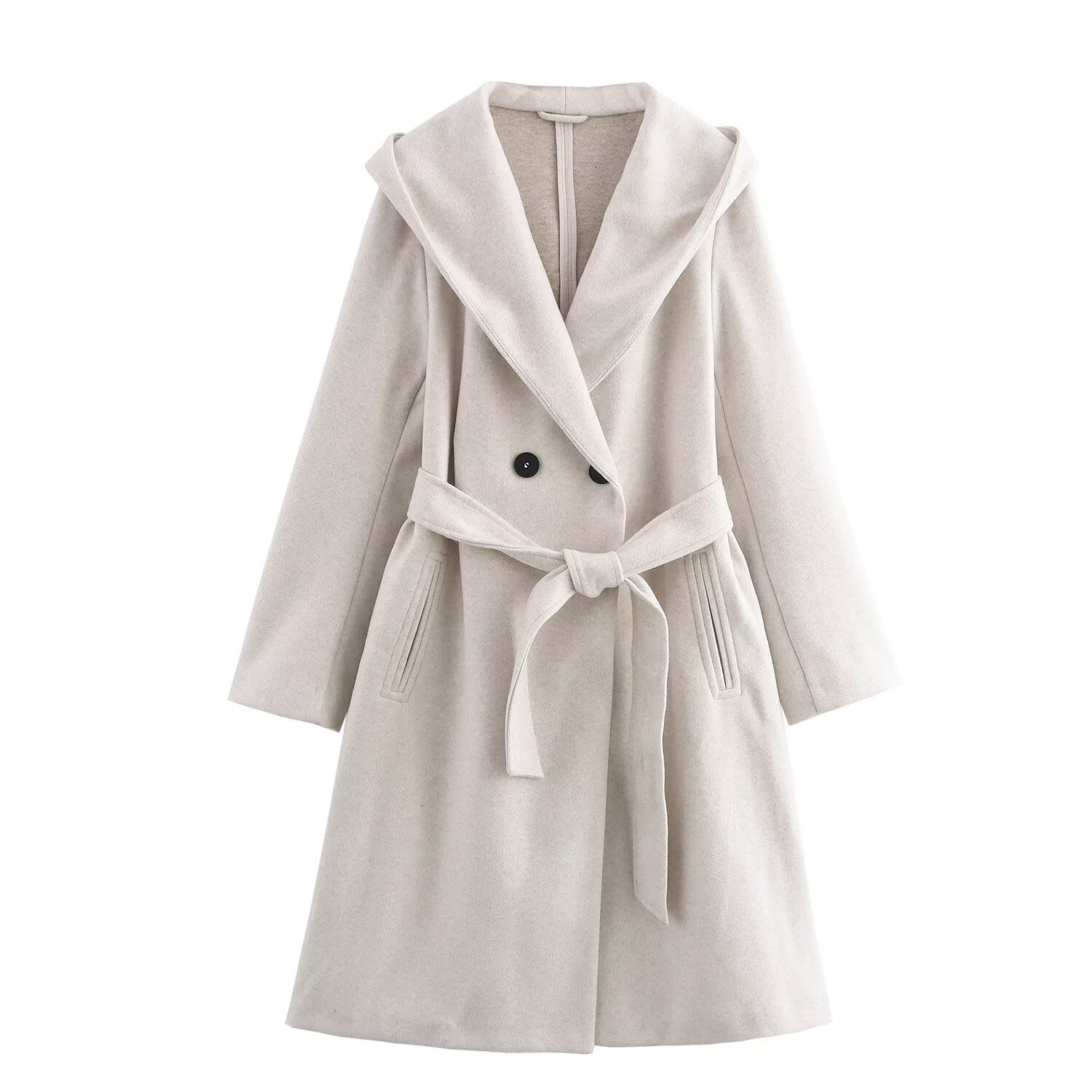 Nlzgmsj TRAF autumn winter wool coat beige solid double-layer breathable hooded coat casual womens fashionable top 240828 - view 4