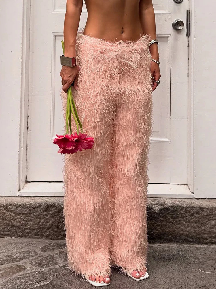 kliou Stacked Feather Pleated Women Pants Casual Unique Tassel Elastic High Waist Straight Trousers Female Wild Street Bottoms 251219