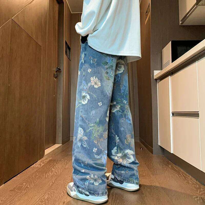 Autumn Floral Printed Jeans For Men 2024 New Y2k Vintage Denim Pants Hip Hop Fashion Wide-Leg Baggy Jean Streetwear Trousers