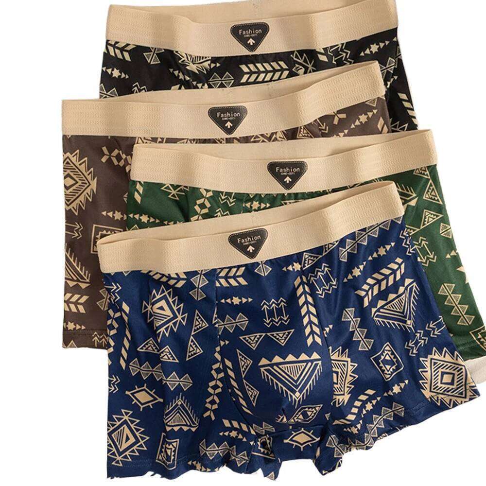 4Pcs Boxer Shorts Men's Underwear Ice Silk Underpants Sexy Panties Printed Boyshort Breathable Elastic Lingerie Plus Size L-4XL X251225