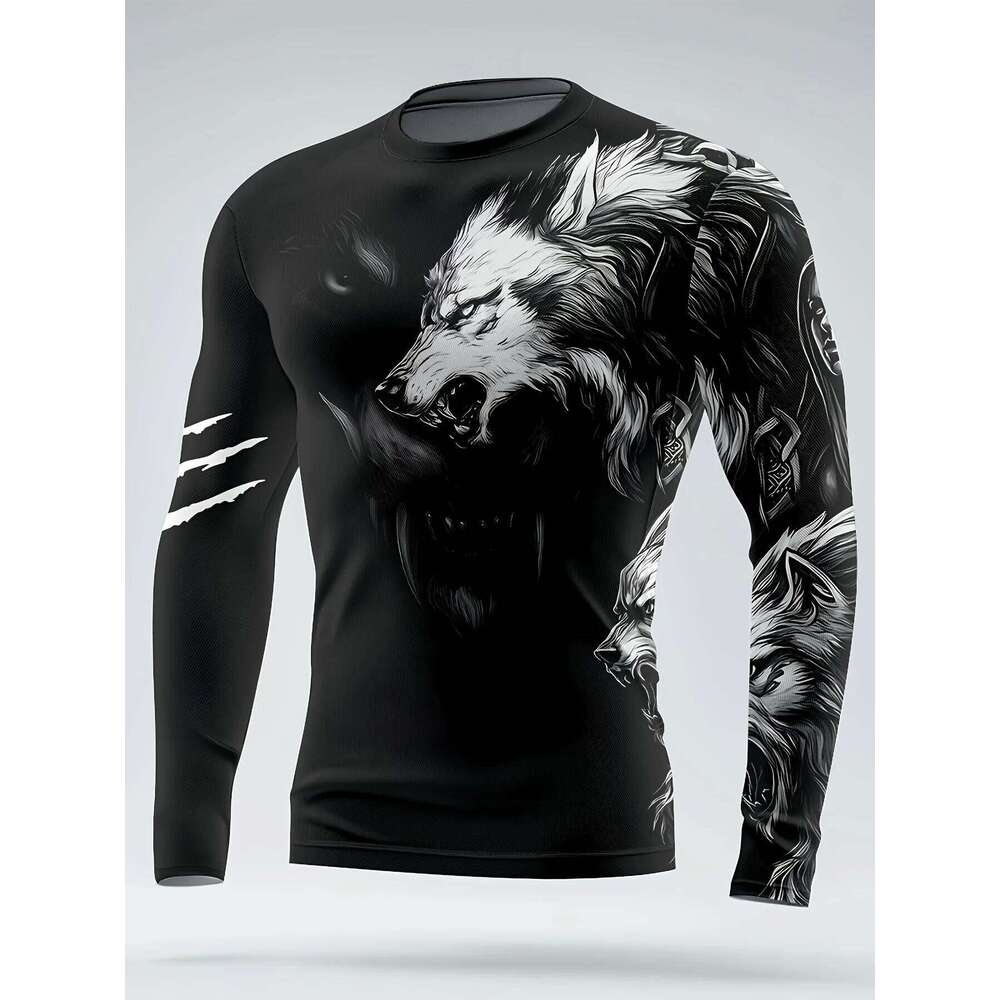 Men's 3D Wolf Animal Print Graphic Long Sleeve Autumn Bottom Shirt T-Shirt Sports Top Street Fashion Party Clothing