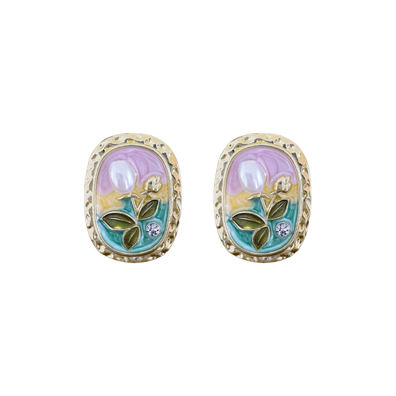 Silver Needle Oval Flower Pearl Monet Garden French Retro Palace Style Sweet Fresh Earrings - view 8
