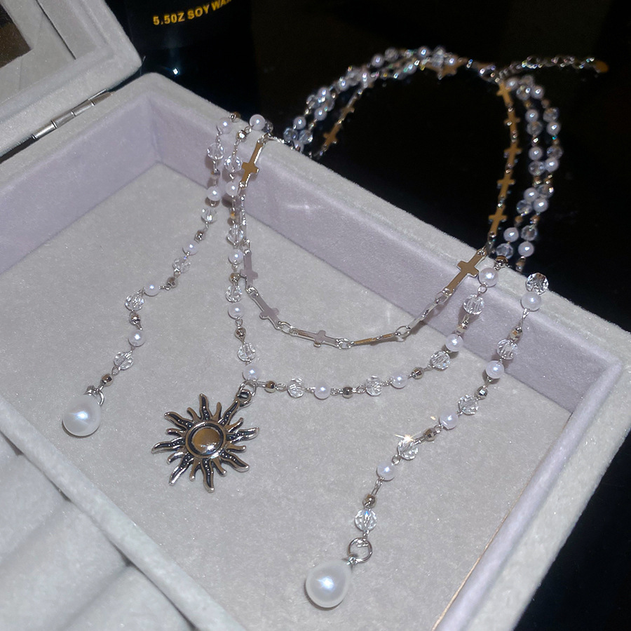 Pearl Crystal Cross Beaded Sun Double Layer Necklace Vintage Distressed Collarbone Chain Light Luxury High-end Sense Jewelry for Women - view 7
