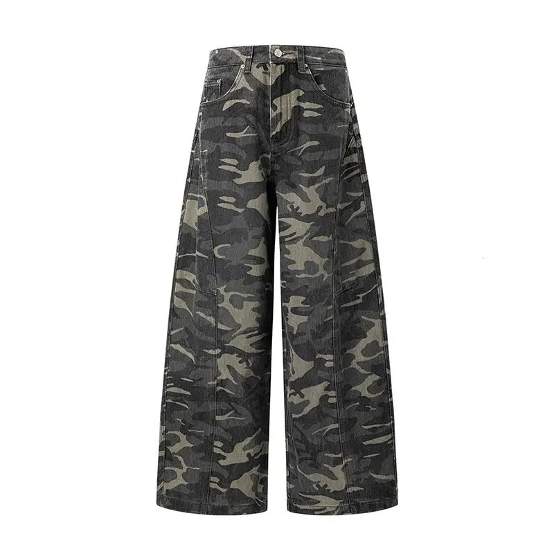 American Style Vintage Camouflage Wide Leg Jeans High Waist Loose Casual Floor Length Straight Cut Womens Winter Trousers 251225