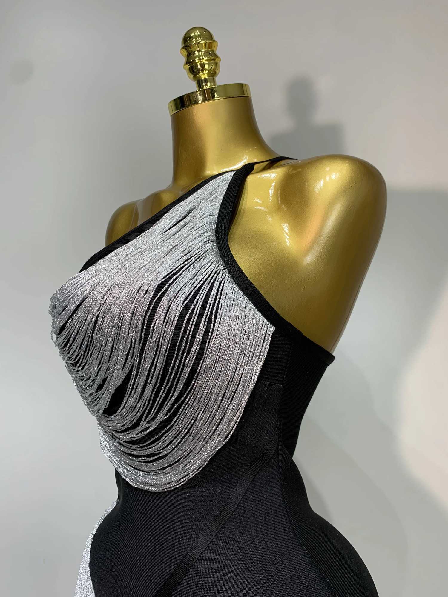 Women Sexy Slanted Collar Silver Tassel Bandage Dress Women Black Sleeveless Bodycon Dresses Evening Party Club Birthday Gowns C251225