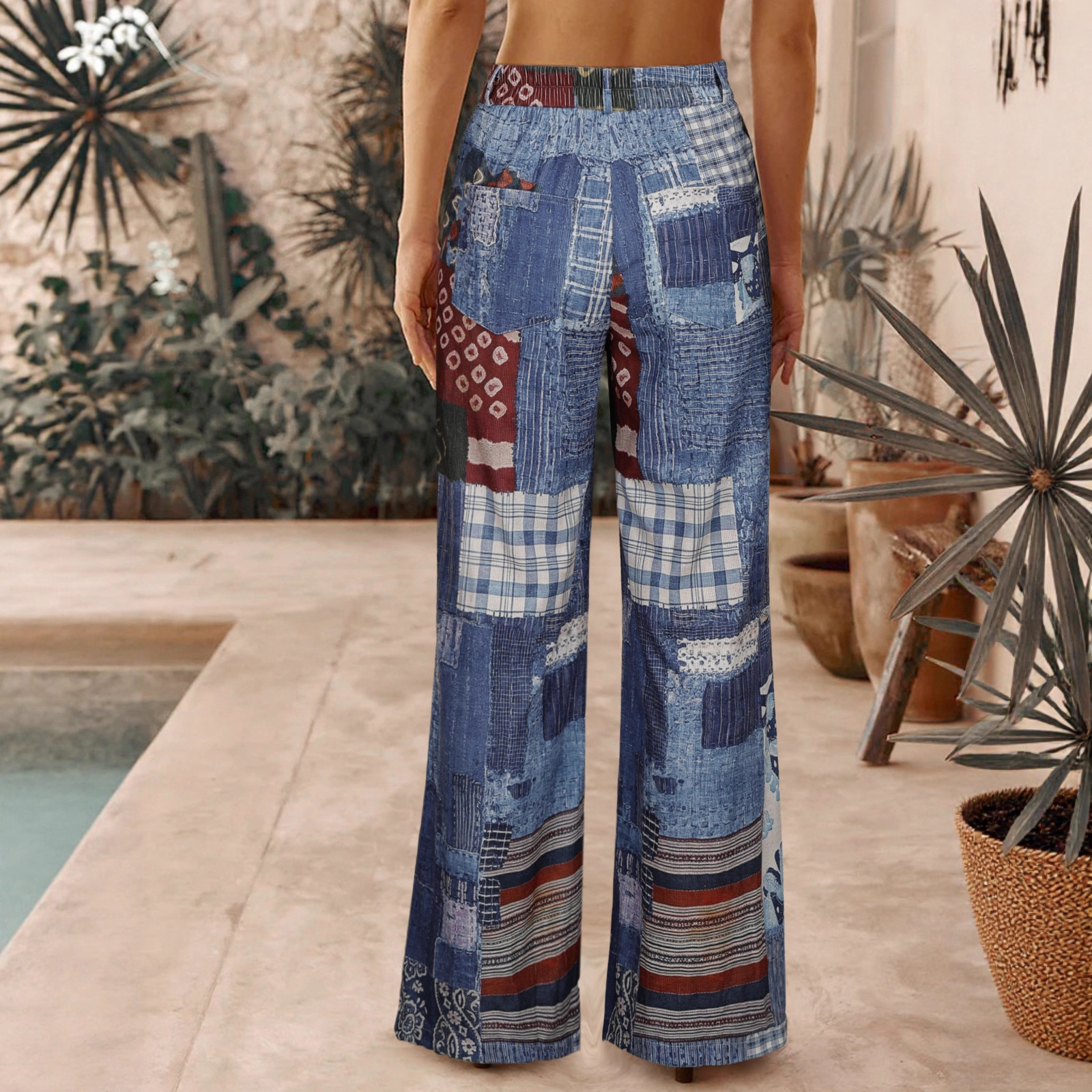 Womens Spring Patchwork Denim Big Flare Pants Vintage Zipper Streetwear Pocket Wide Leg Tassels Mid-Waist Jeans Pants 240822