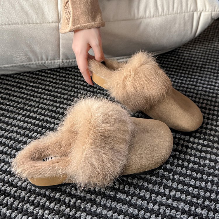 High Quality New Arrival Autumn and Winter Women's Flat Closed Toe Elegant Furry Slippers Outdoor Fleece Lined Warm and Temperament Matte Slippers
