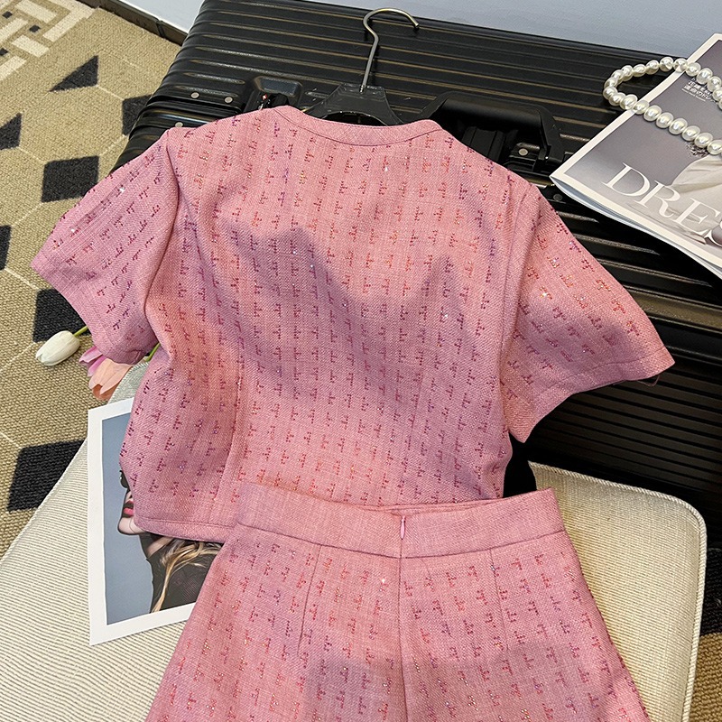 Women's Two Piece Pants BAFU Summer Pink Tweed 2 Set Women Short Sleeve Jacket Wide Legs Shorts Suit Runway Celebrity Coat Clothes