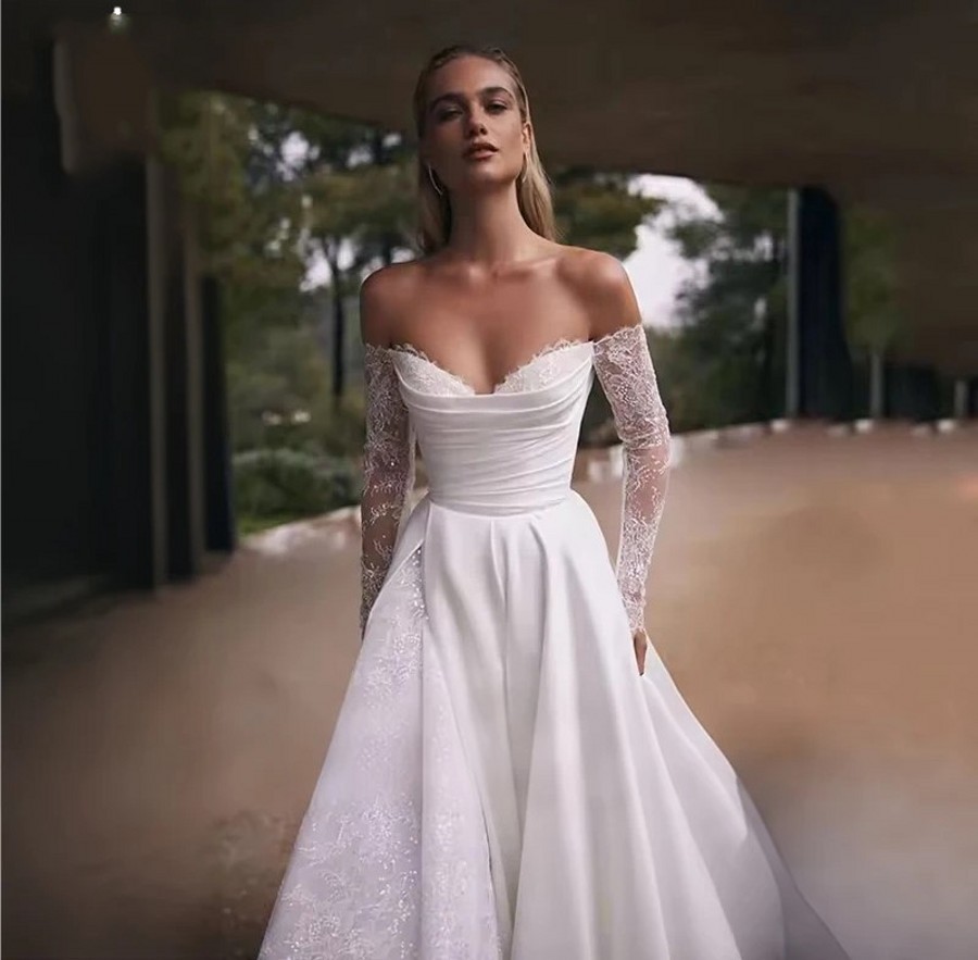 Elegant A-line Wedding Dress 2026 Off-the-shoulder Long Sleeve Lace Satin Princess Bridal Bride Gowns For Women Vestidos De Noiva Robe de Mariee