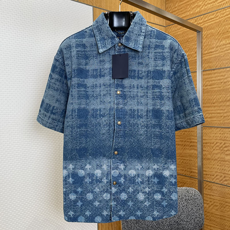 Brand Men Denim t Shirt Lapel Neck Jacquard Gradient Loose Tops Summer Holiday Streetwear Y2K Tees