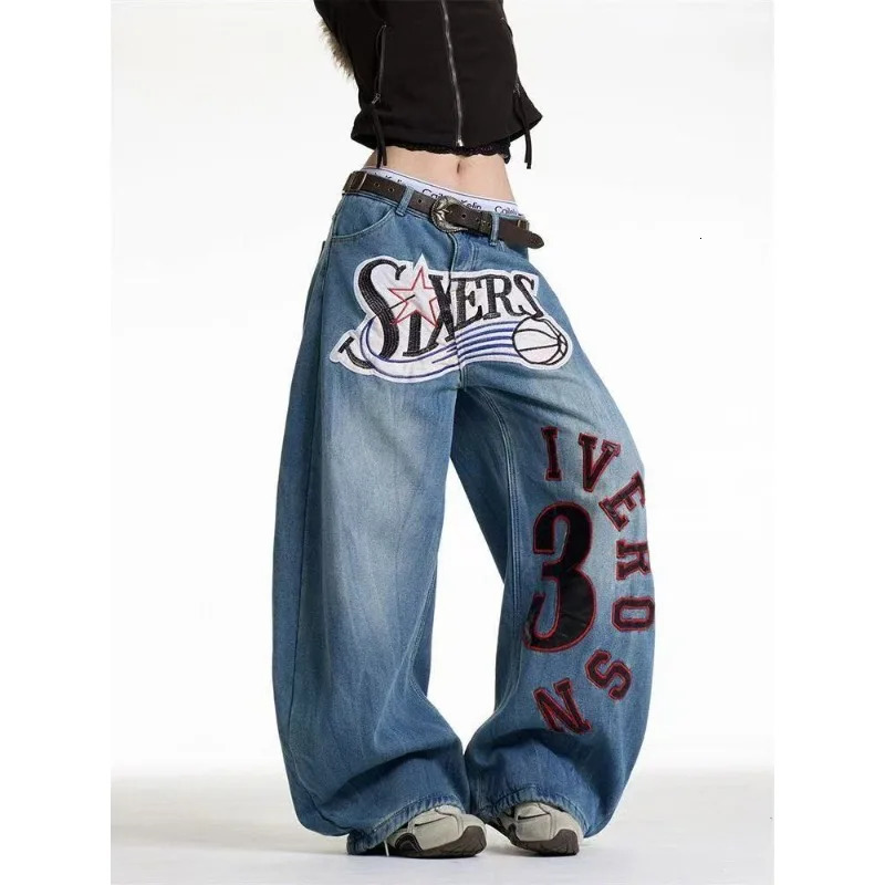 Personalized letter patch embroidery stitching highquality oversized jeans for women American girl street wideleg y2k pant 251225