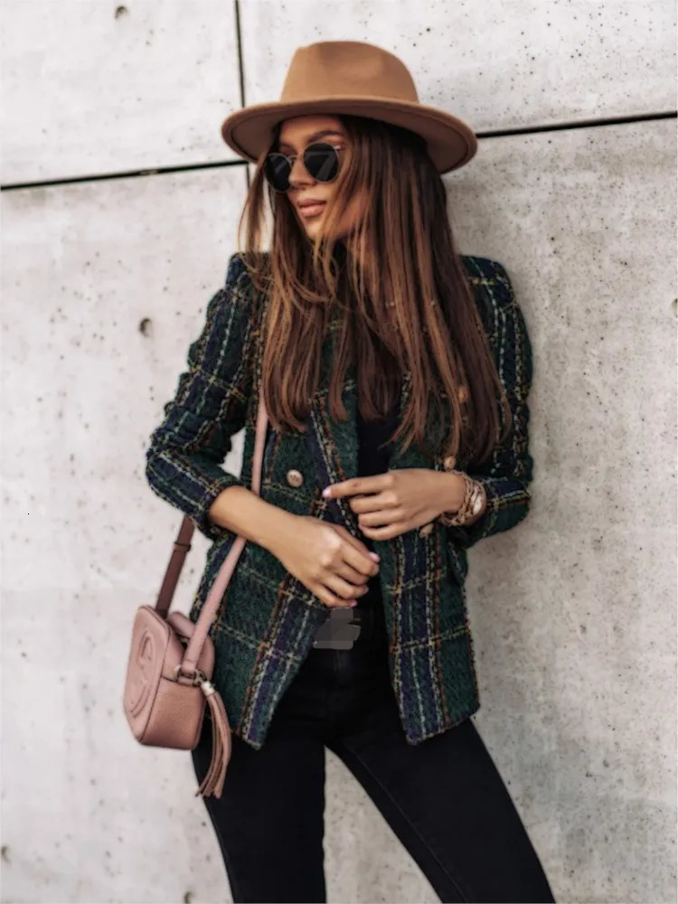 Women Double Breasted Plaid Blazer Coat Vintage Long Sleeve Flap Pockets Casual Buttons Autumn Female Outerwear 251225