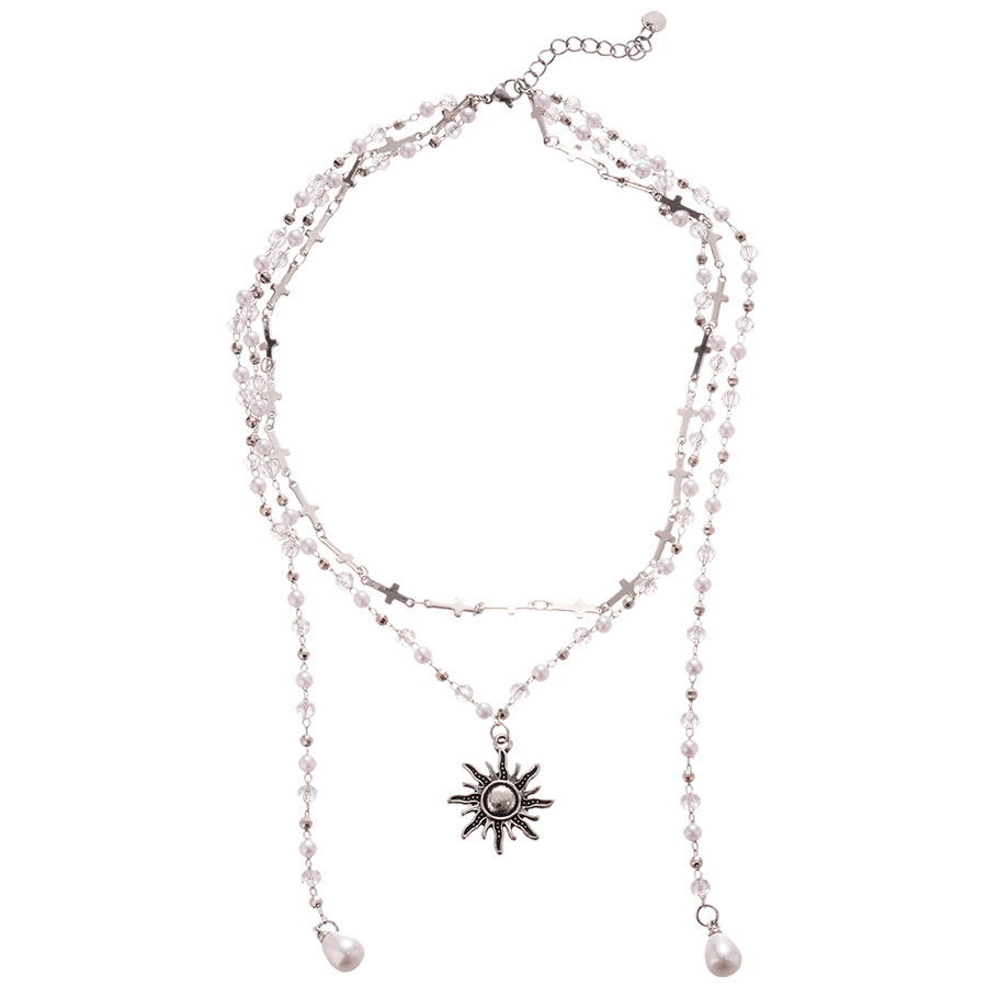 Pearl Crystal Cross Beaded Sun Double Layer Necklace Vintage Distressed Collarbone Chain Light Luxury High-end Sense Jewelry for Women - view 9