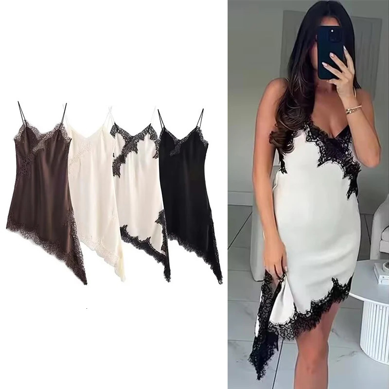 Women Fashion Sexy V-Neck Lace Elegant Halter Dress Asymmetric Hem Dress 2025 Summer Fashion Holiday Party Beach Dresses 251225