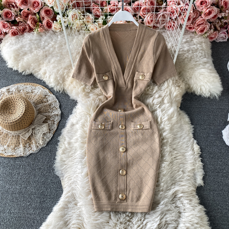 Womens Solid Deep Vneck Short Sleeve Elegant Aline Dress SpringSummer Single Chest Office Knitted Wrap Hip Skirt