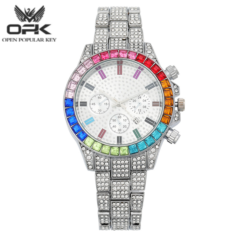 New popular three eyed fashion watch rainbow gradient rhinestone inlaid decoration calendar women's luxury watch trendy chic elegant luxurious wa