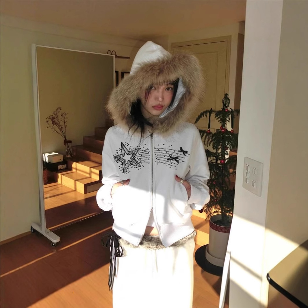 Autumn Winter Harajuku American High Street Fur Collar Zipper Hoodie Men Y2k Goth Punk Hiphop Rock Oversized Sweatshirt Women 251028