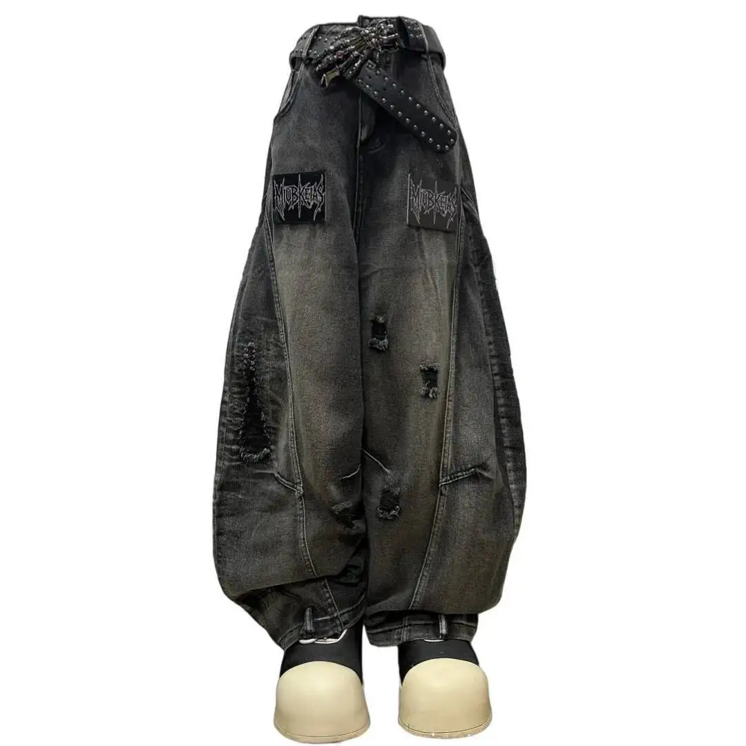 Punk Gothic Jeans Unisex Autumn Winter Street Denim Pants Letter Distressed Loose Wide Leg Y2K 251225