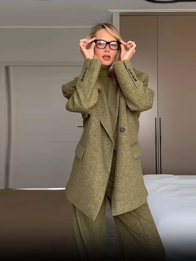 Woolen Blazer Pants Suits Women Lapel One Button Long Sleeves Shoulder Pad Set Female Autumn Winter Fashion Solid Outwear 251225