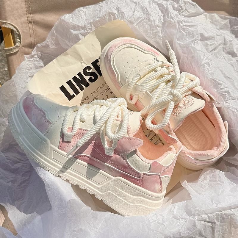 Free shipping pink watercolor-patterned platform sneakers soft fabric thick non-slip sole adjustable rope laces sweet style versatile daily wear casua