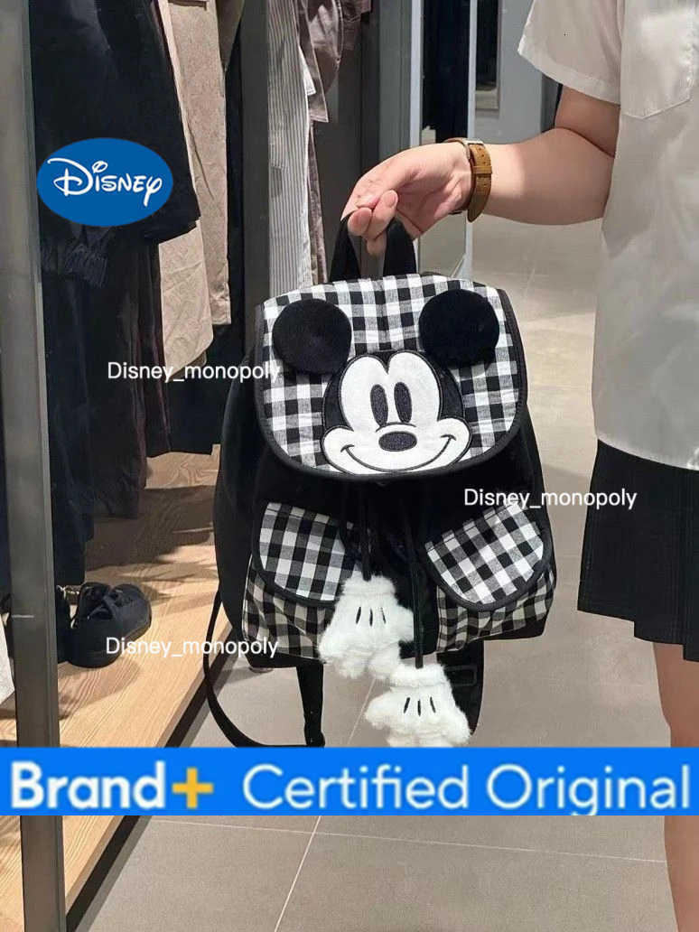 Disney cartoon cute Mickey Korean backpack black and white checkered campus student schoolbag ins style travel storage backpack H251225