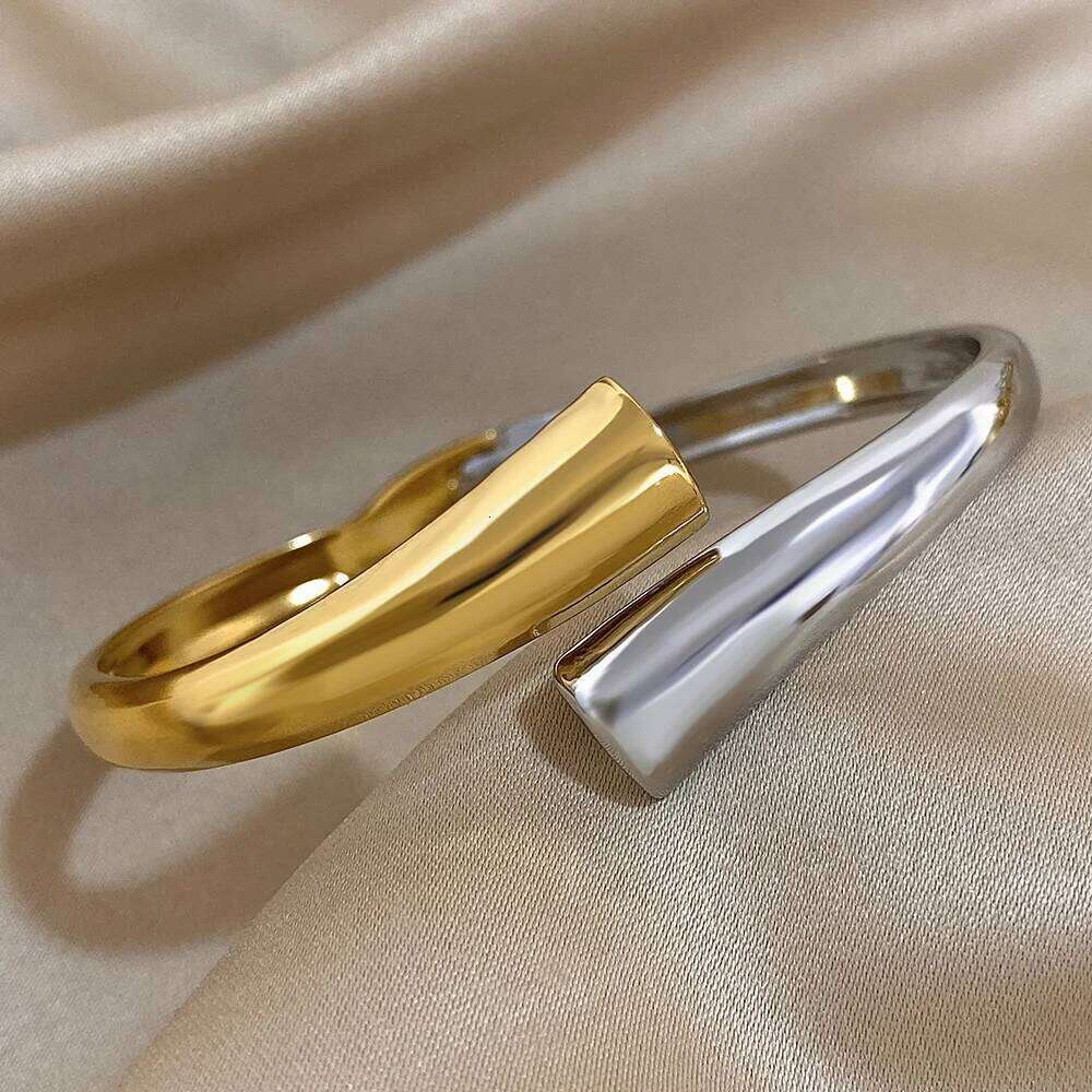 Fashion Two Tone Stainless Steel Cuff Bracelets Bangles for Women Elegant Ribbon Shaped Wrist Bracelet Waterproof Jewelry 25H1225
