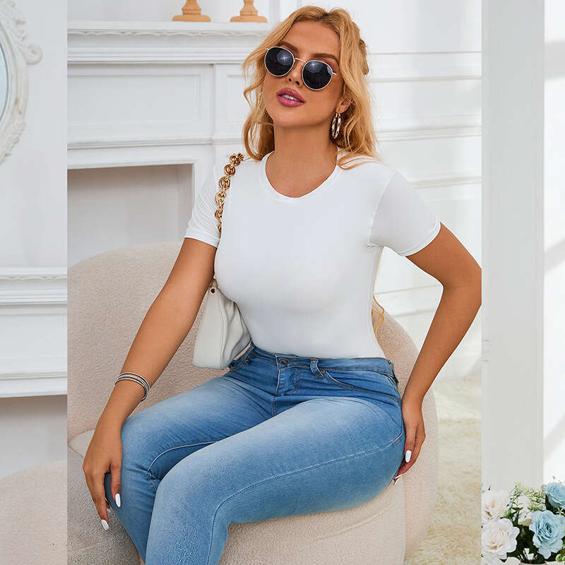 Bodystockings clothing Hot Sale Pullover Women's Top Summer Round Neck Basic Fit Fashion Short Sleeve No-Take-Off Jumpsuit