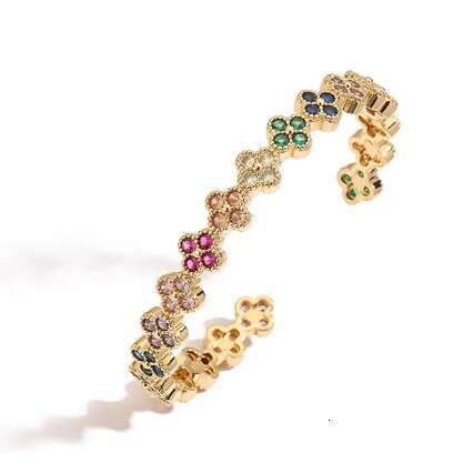Four-Leaf Flower Bracelet Copper Setting with Colored Diamonds Adjustable Open-Petaled Bracelet