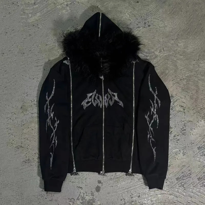 High street hiphop letter diamond zipper n fur collar hoodies for men y2k punk American skateboard casual sweatshirts 251225