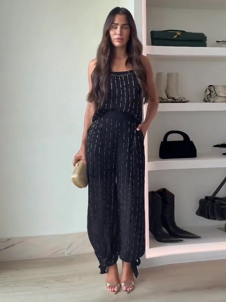 2026 Women Chic Outfits Fashion Elegant Black Bead Embroidery Sleeveless Slip Tops Wideleg Pants Suit Twppiece 251225