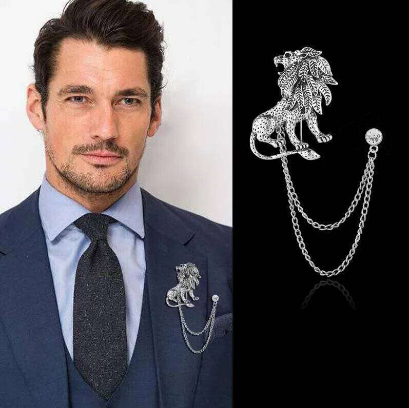 Korean Fashion Crystal Lion Brooch Animal Tassel Chain Lapel Pins British Style Men's Shirt Collar Badge Clothing Accessories 25N1225