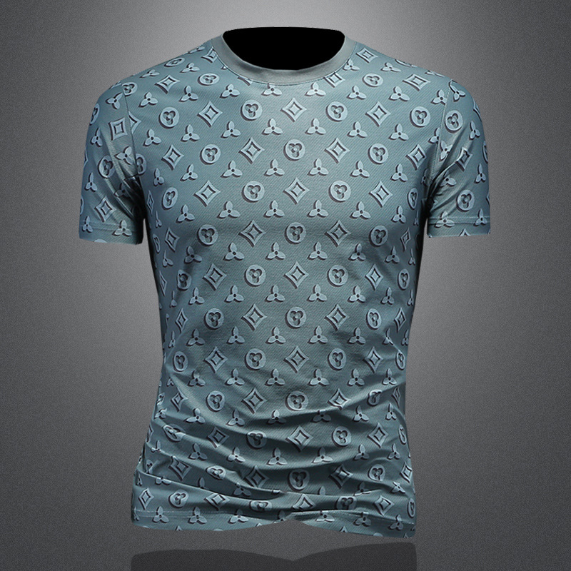 Free Shipping 2026 Summer New Printed Short Sleeve T Shirt Men Trendy Fashion Round Neck Slim Fit Oversize Versatile Top Green Coffee Grey