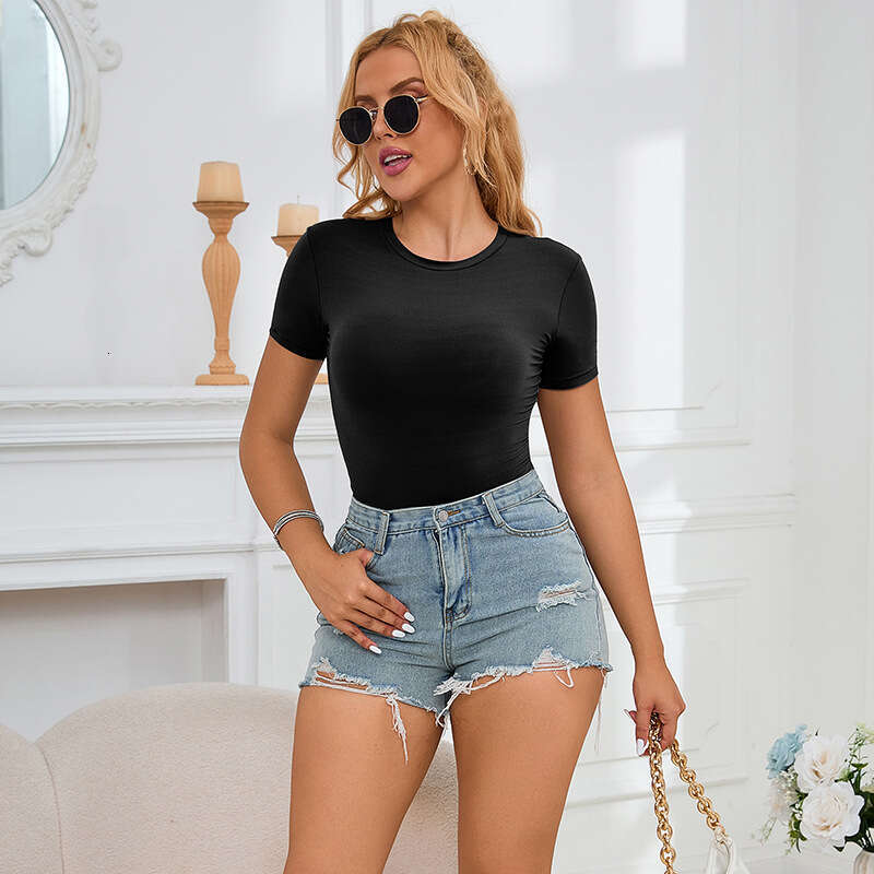 Bodystockings clothing Hot Sale Pullover Women's Top Summer Round Neck Basic Fit Fashion Short Sleeve No-Take-Off Jumpsuit