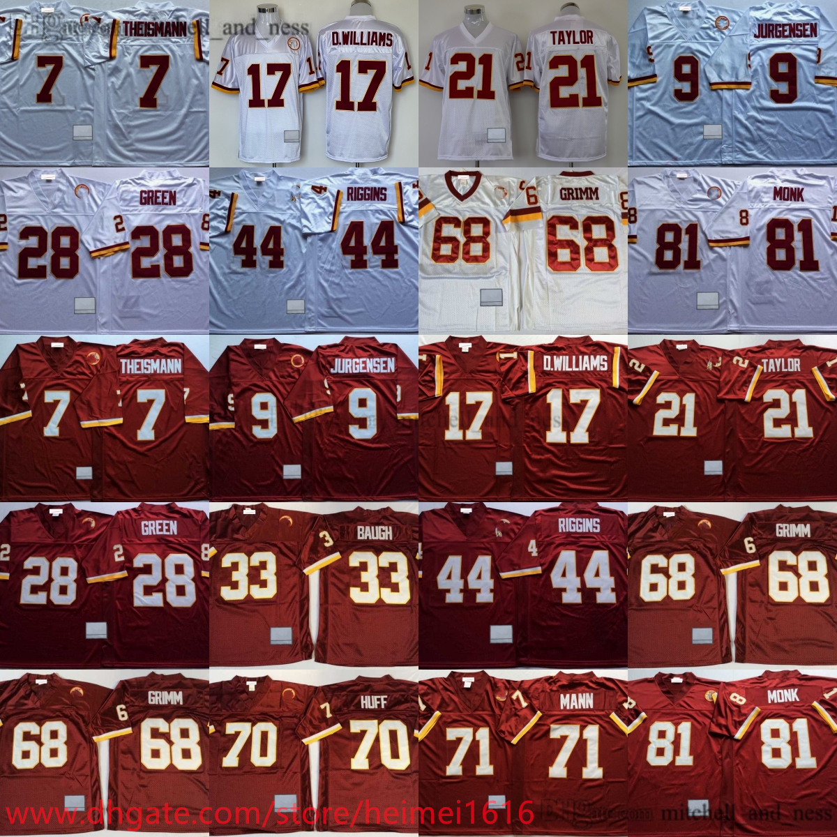 1982 M&N Throwback Football 44 John Riggins Jersey Classic 21 Sean Taylor 81 Art Monk 7 Joe Theismann 9 Sonny Jurgensen 17 Doug Williams 28 Darrell Green 68 Russ Grimm