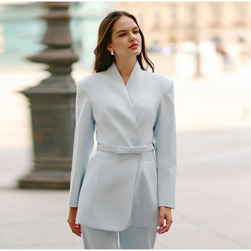 Elegant Women Pant YNeck Concealed Buckle Waistband Suits Female Solid Straight Pants Pad Shoulder Classic Womens Set 251225