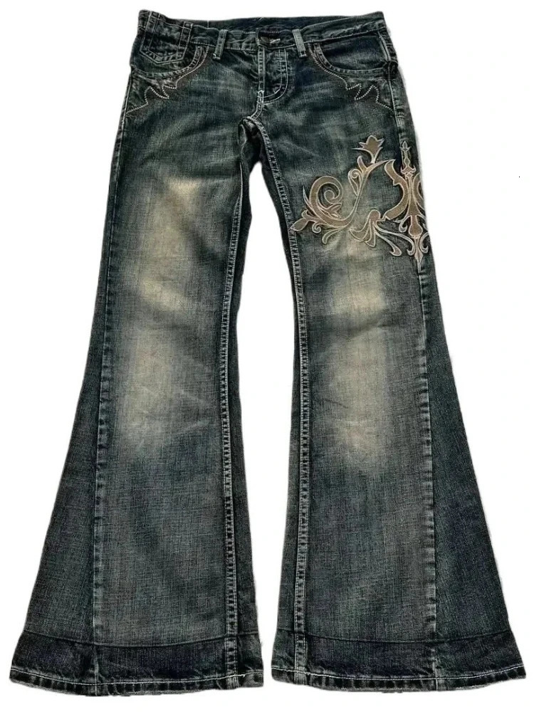 HOUZHOU Y2k Retro Flared Jeans Women Harajuku Gothic Embroidery Denim Pants Vintage Punk Baggy Street Grunge Washed Trousers 251225