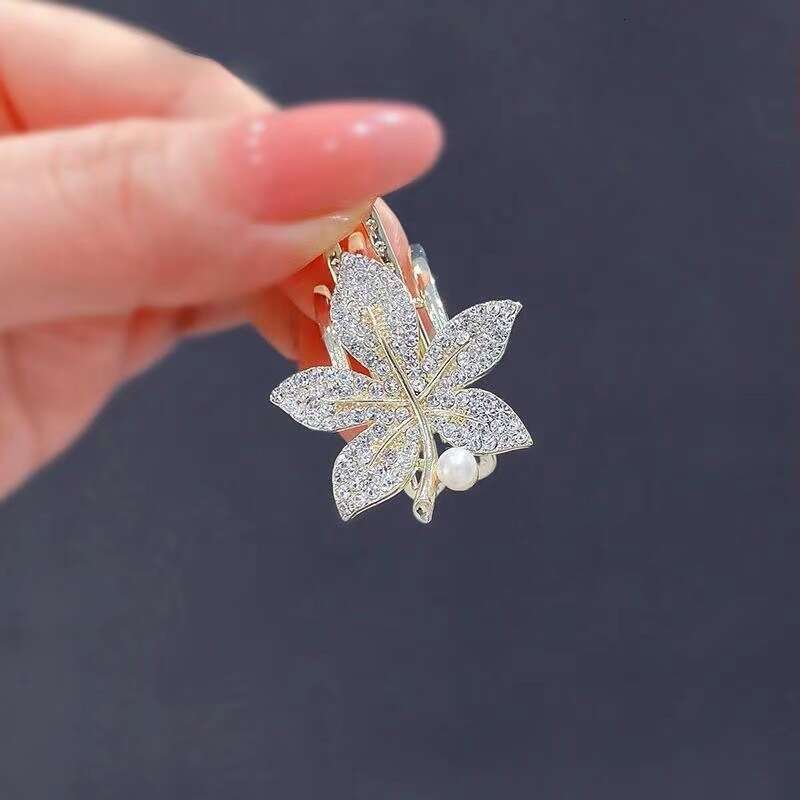 Side Imitation Pearl Rhinestone Maple Leaf Duckbill Elegant Bangs Clip Hair Accessory Forehead Stylish Small Hairpin
