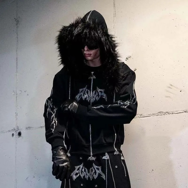 High street hiphop letter diamond zipper n fur collar hoodies for men y2k punk American skateboard casual sweatshirts 251225