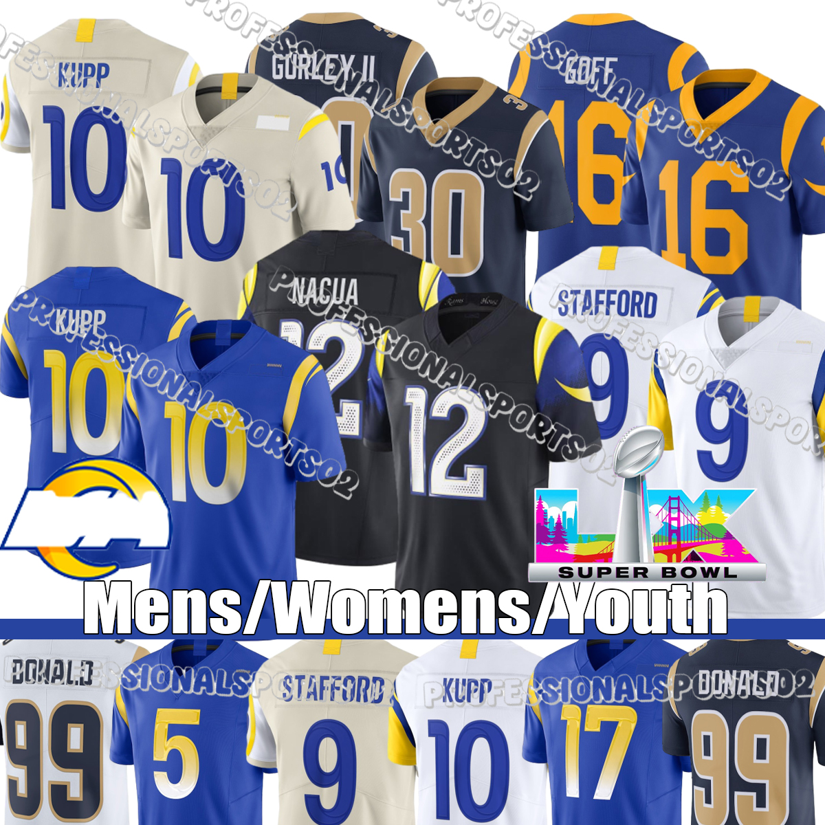 Los Angelescity Ramss Jersey #9 Stafford #12 Nacua #99 Donald #8 Verse #17 Adams #23 Williams Matthew Stafford Puka Nacua Aaron Donald Jared Verse Davante Adams